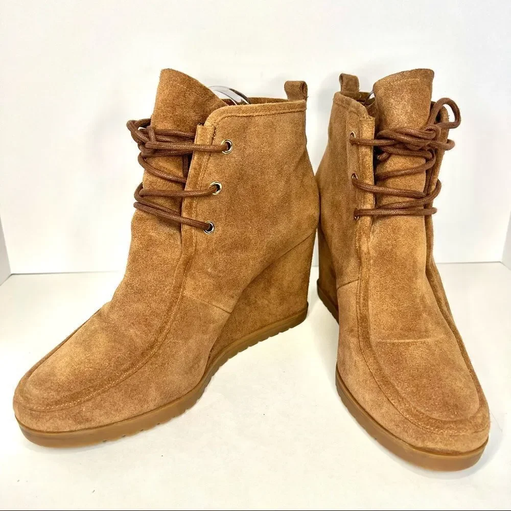 Michael Kors Tamara Lace Up Suede Wedge Booties Brown Womens 9 PV18G